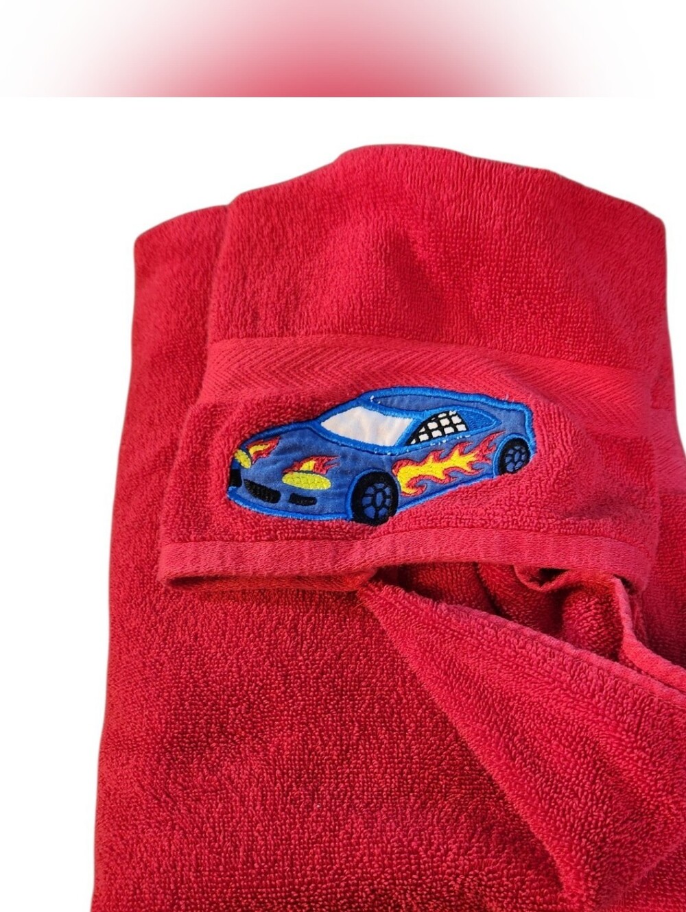 Red Handmade Hooded Towel With Blue Racecar Embroidered